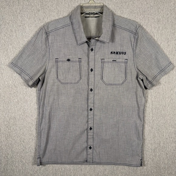 KUIU Shirt Basin Short Sleeve Button Up Blue Mens Medium Heathered Steel Camp - Picture 8 of 14